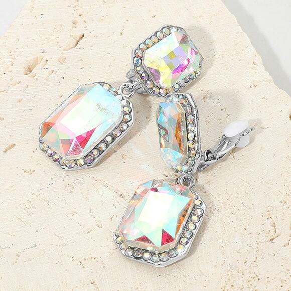 Clip on 1 3/4" gold and pink iridescent square stone dangle earrings - Picture 4 of 4